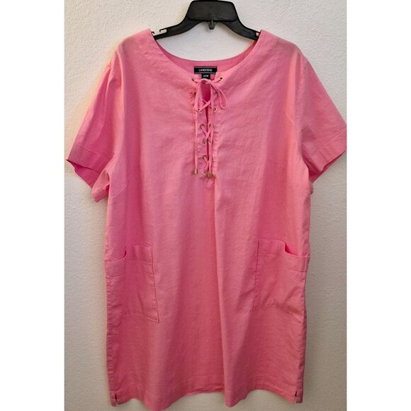 Lands' End Pink Linen/Cotton Blend Short Sleeve Shift Dress Lacing at Neck 22W - Picture 1 of 10